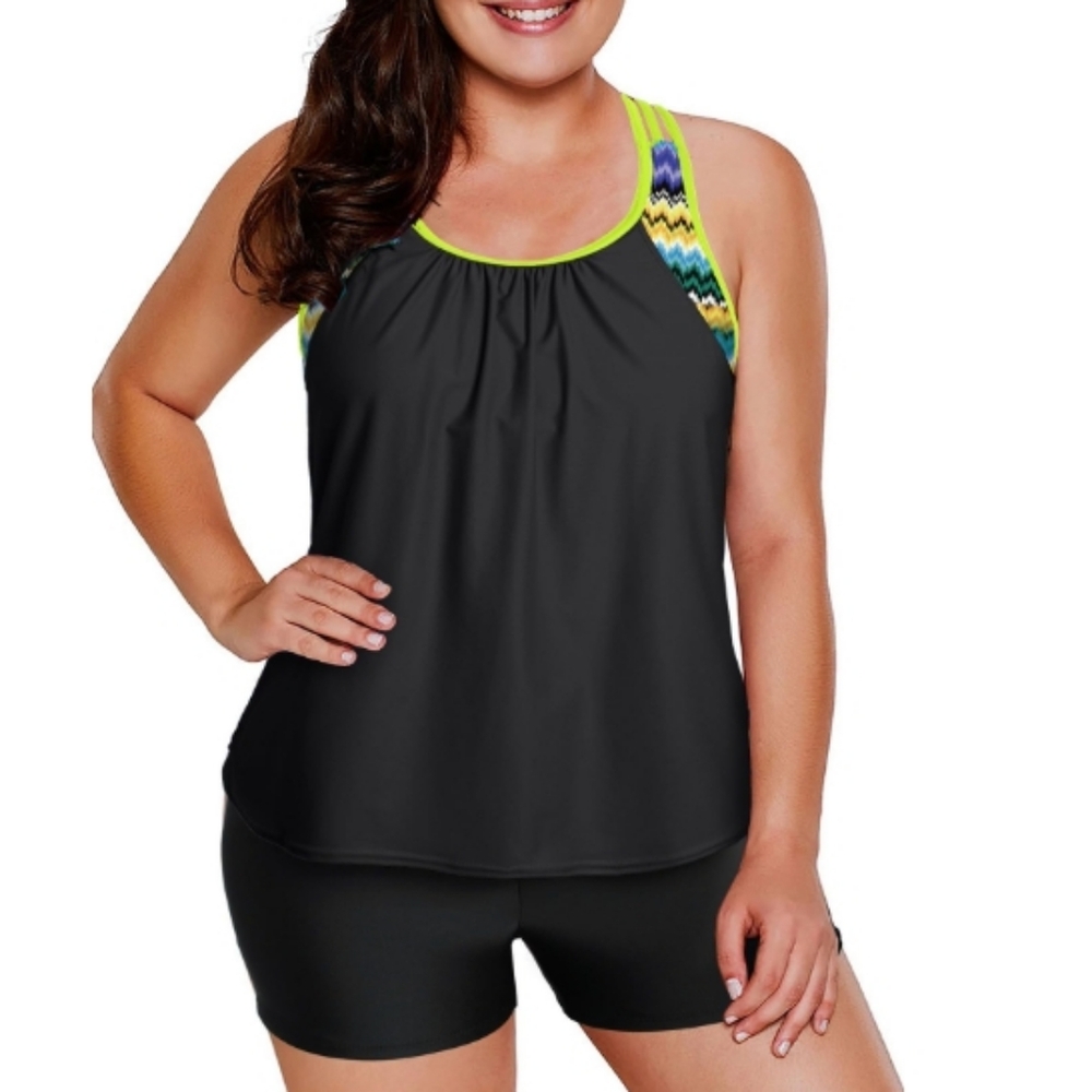 Aleumdr Womens Plus Size Strappy Blouson Striped Printed T-Back Push Up Tankini